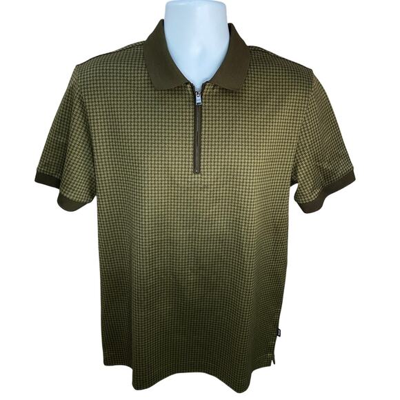 Hugo Boss Men’s Zip-Up Polo Shirt Size Large Brown Houndstooth Print - Picture 1 of 10